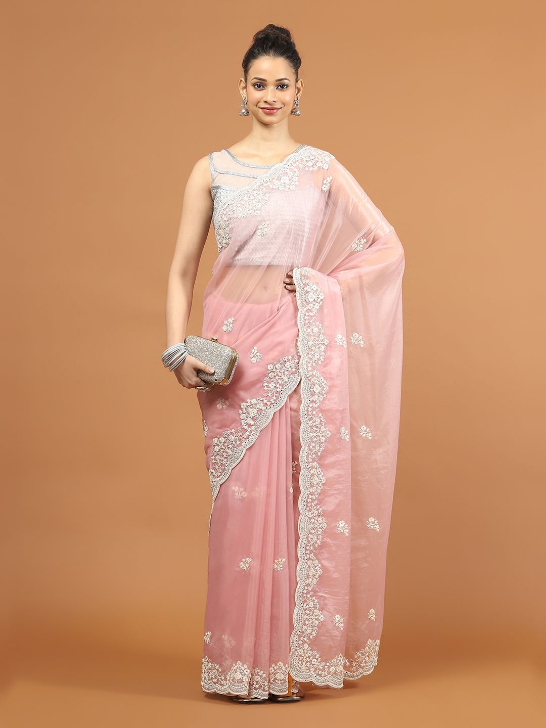 

Meena Bazaar Embellished Sequinned Organza Saree, Peach