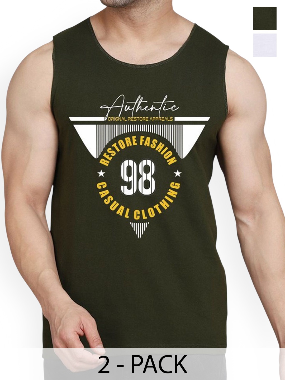 

WOOSTRO Men Pack Of 2 Printed Combed Cotton Gym Vest, Olive