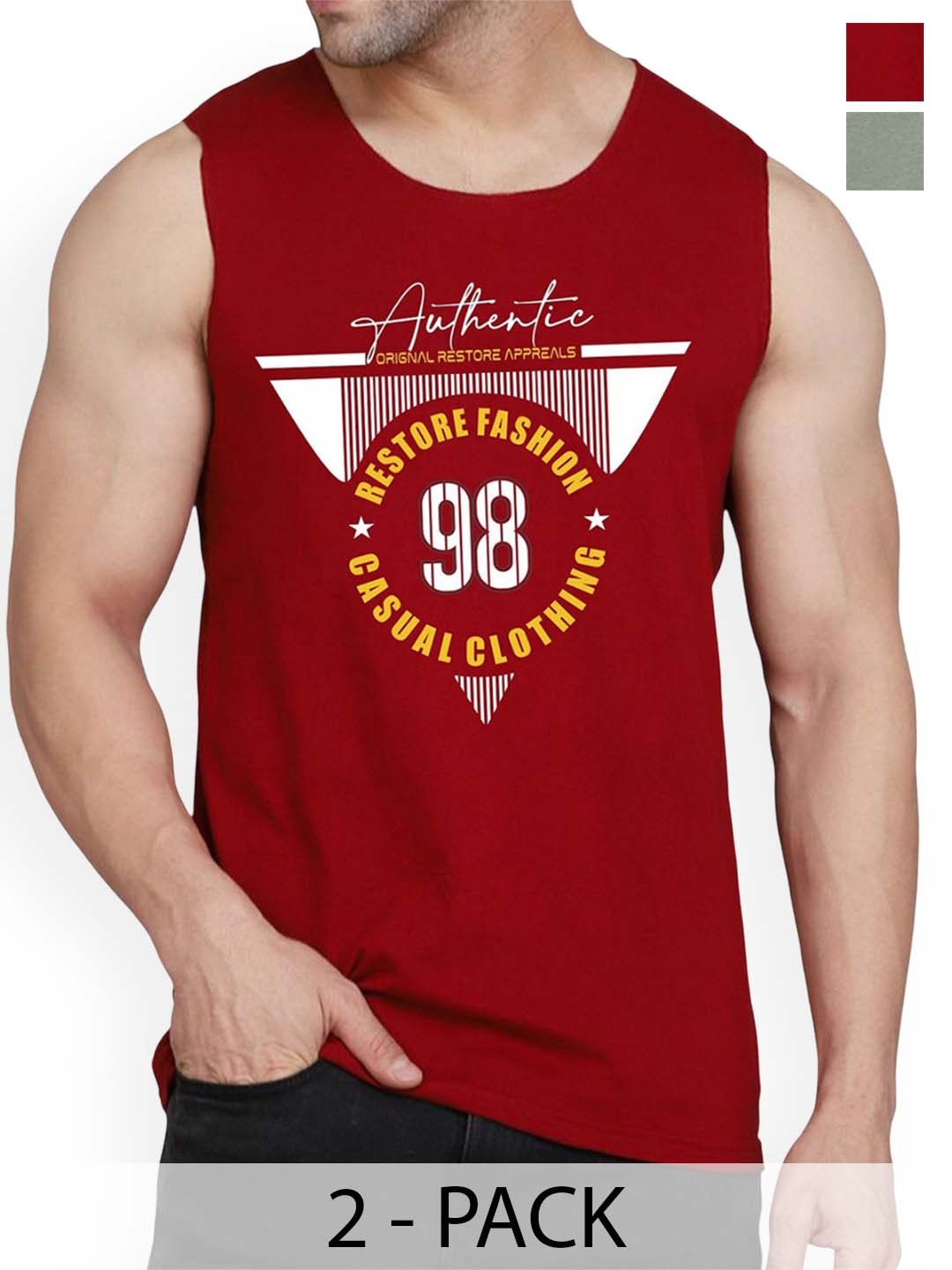 

WOOSTRO Pack Of 2 Printed Sleeveless Innerwear Vests, Maroon