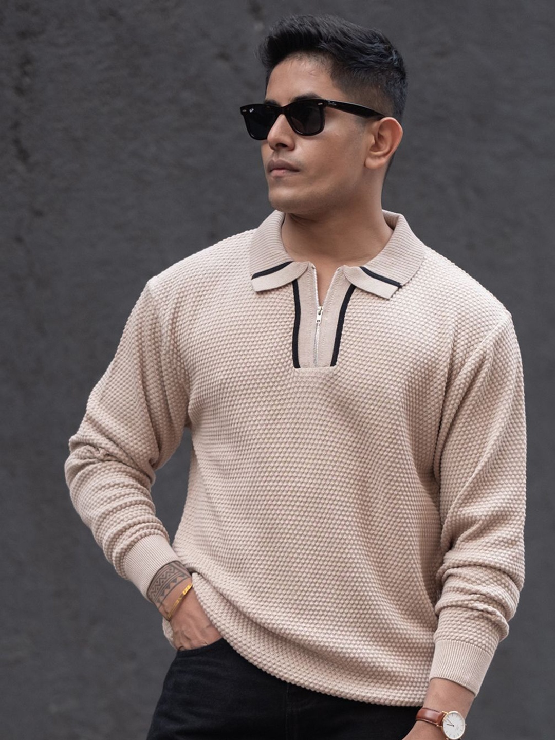 

Powerlook Men Self Design Polo Collar Cotton T-shirt, Beige