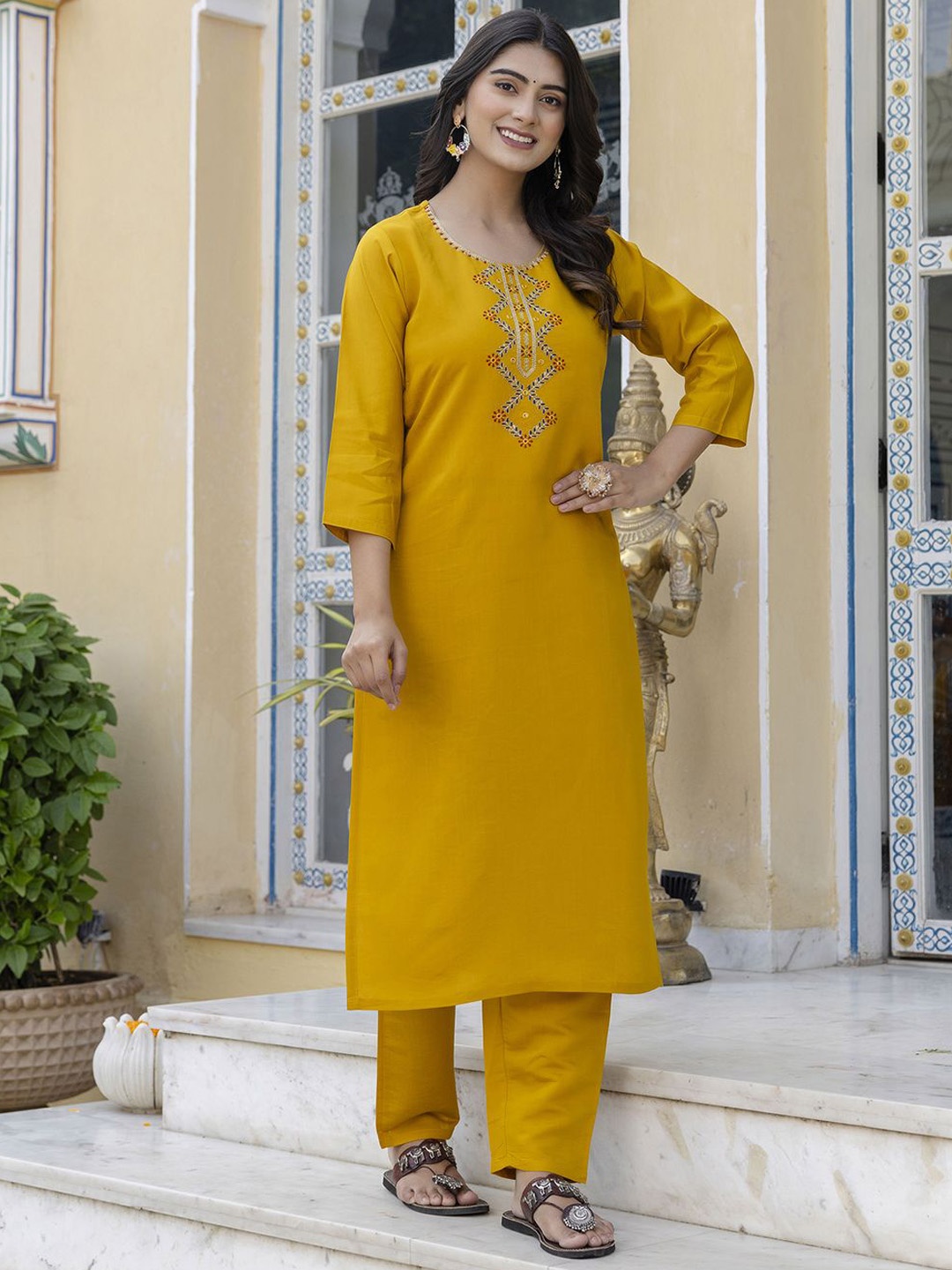 

Navlik Floral Yoke Design Kurta with Trousers & Dupatta, Yellow