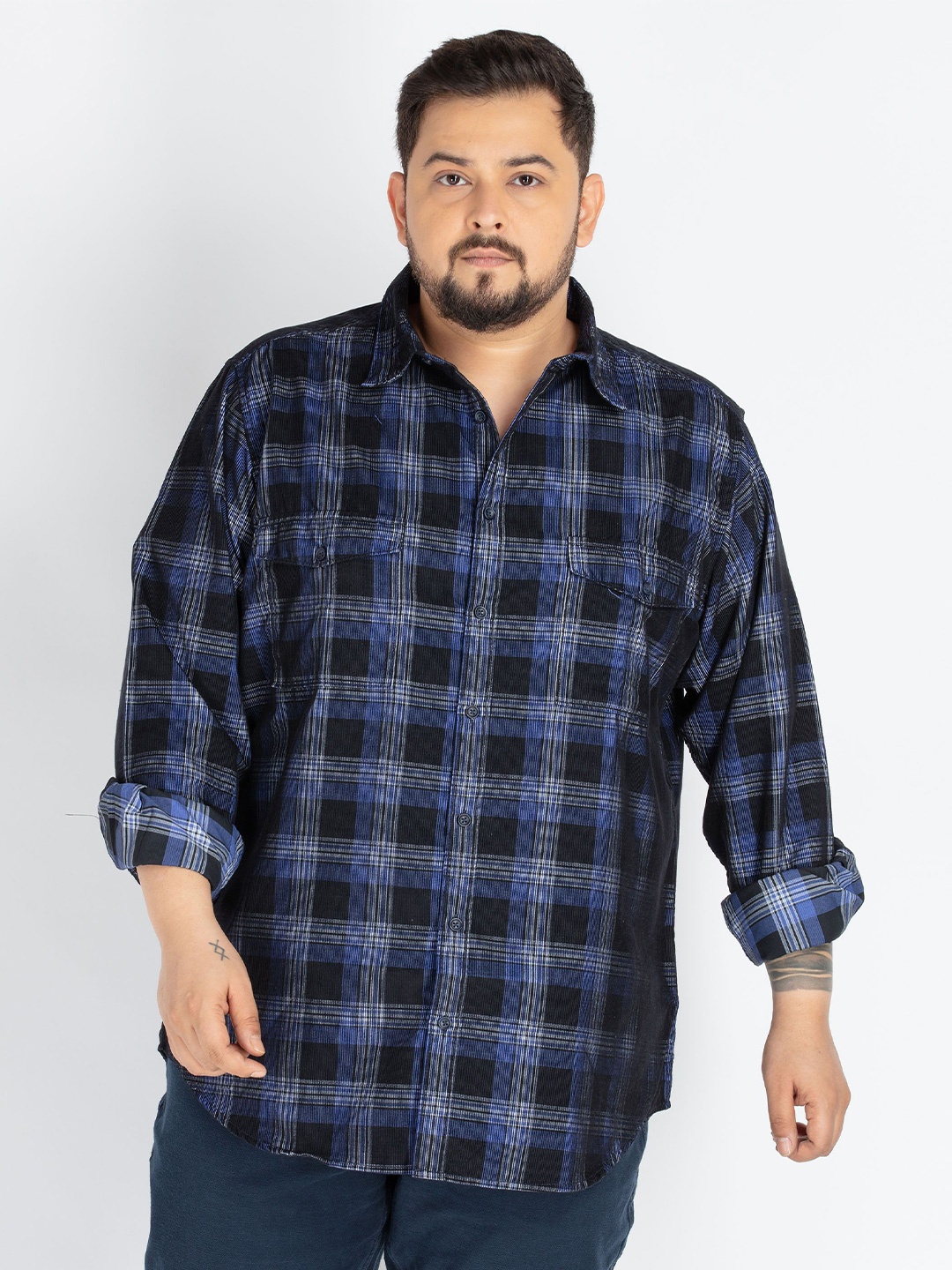 

UNSIZED Men Plus Size Comfort Oversized Fit Tartan Checked Corduroy Casual Shirt, Navy blue