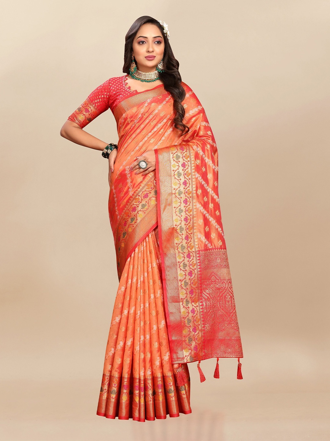 

bansari textiles Woven Design Zari Organza Banarasi Saree, Orange