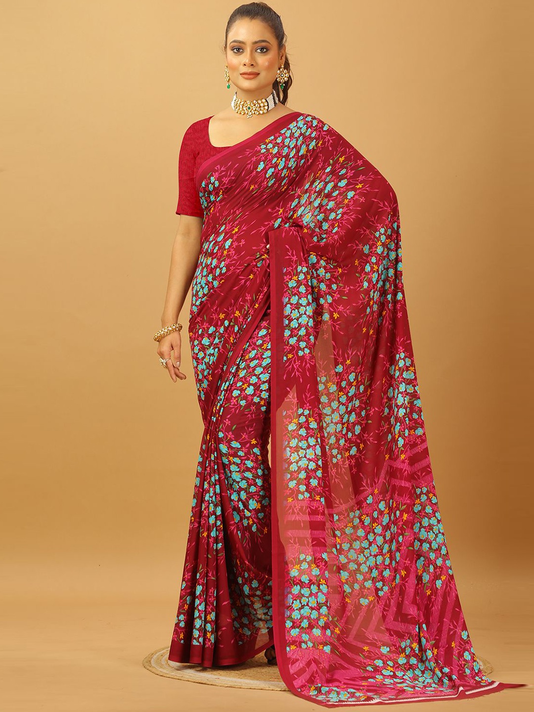 

A.V.M. SILK MILLS Floral Printed Pure Georgette Saree, Red