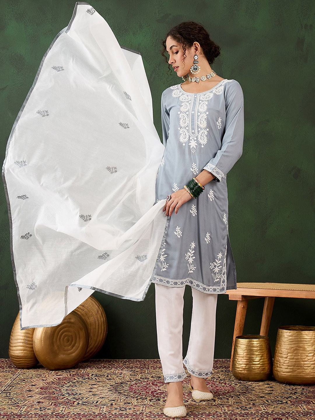 

KIMISHA Paisley Embroidered Chikankari Straight Kurta with Trousers & Dupatta, Grey