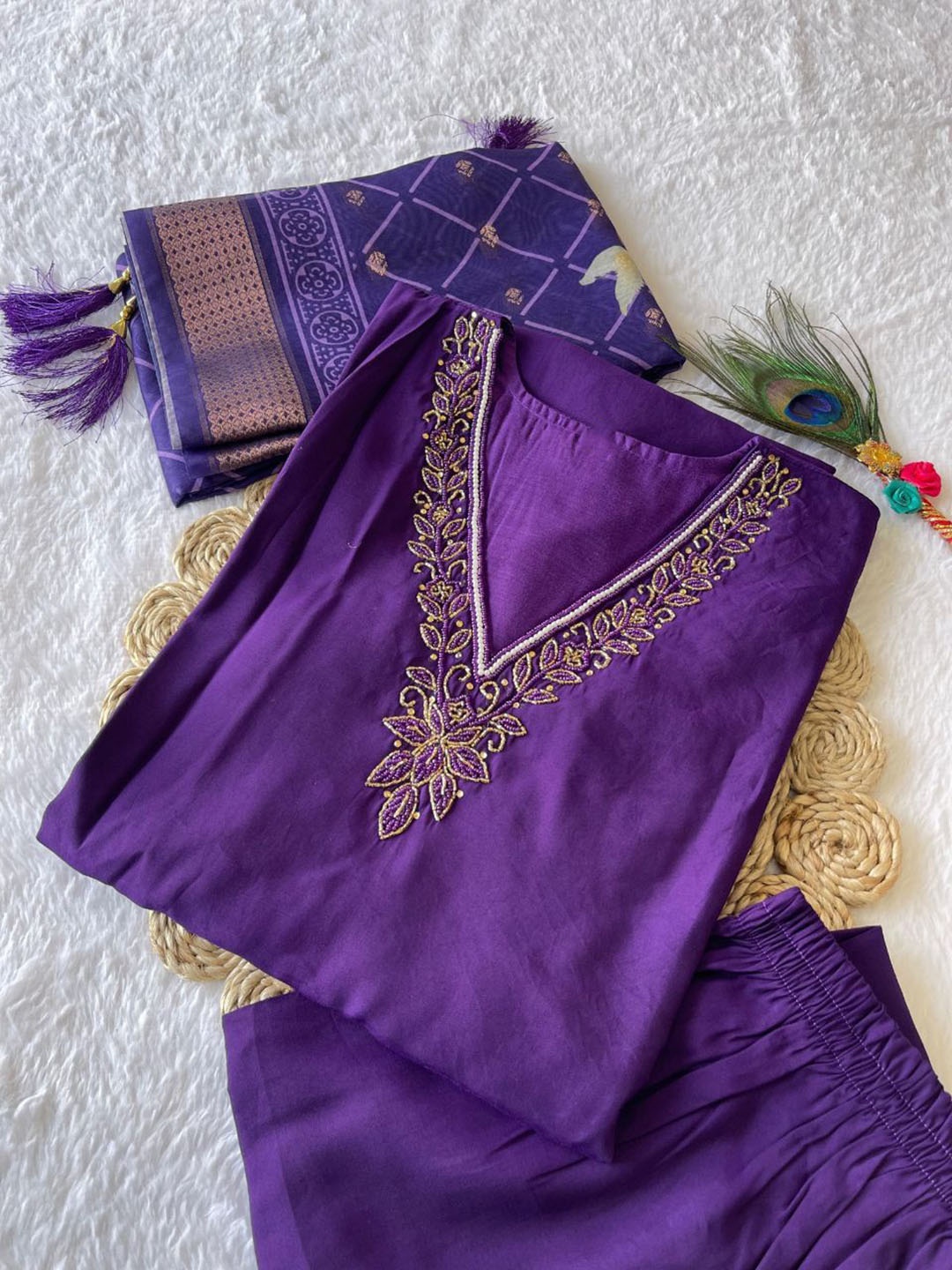 

XAYCRA CREATION Floral Yoke Design Beads Work Pure Silk Kurta With Pyjama & Dupatta, Purple