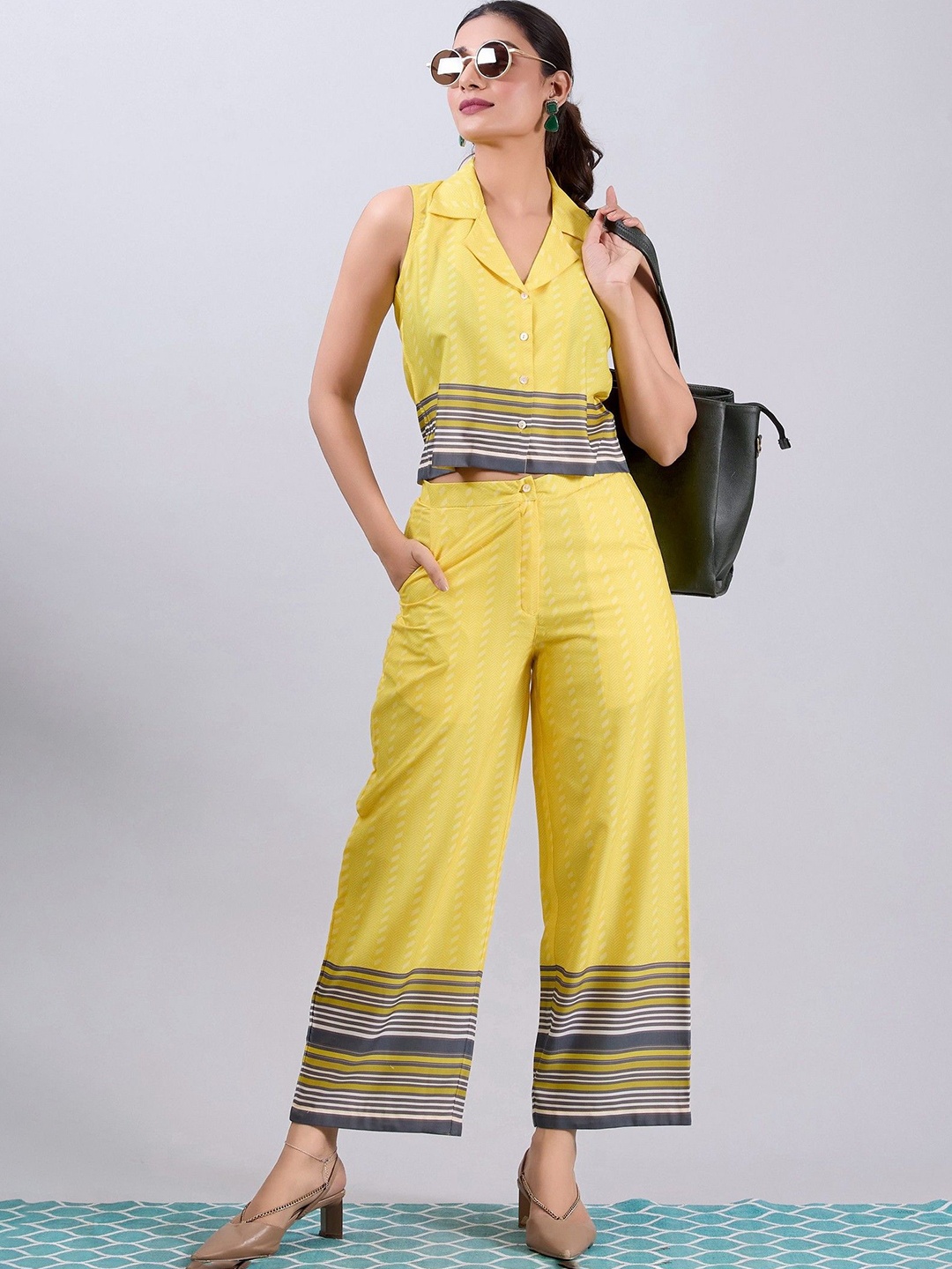 

Dressberry Yellow Striped Shirt Collar Linen Top With Trousers