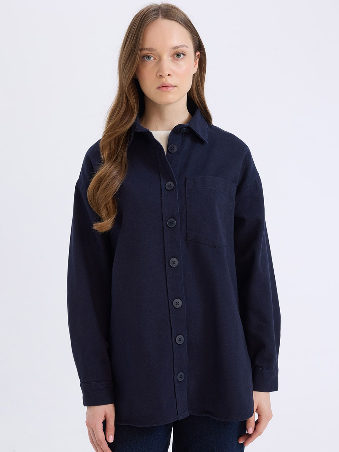 

DeFacto Women Pure Cotton Long-Line Shirt, Navy blue