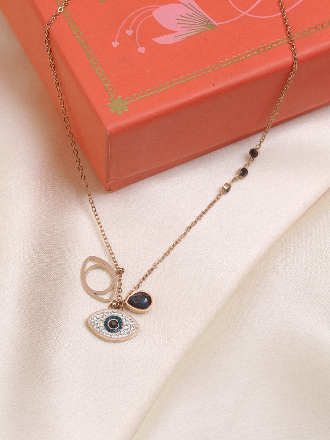 

ARTKLIM Stainless Steel Gold-Plated Crystal Studded Evil Eye Quirky Shaped Pendant & Chain