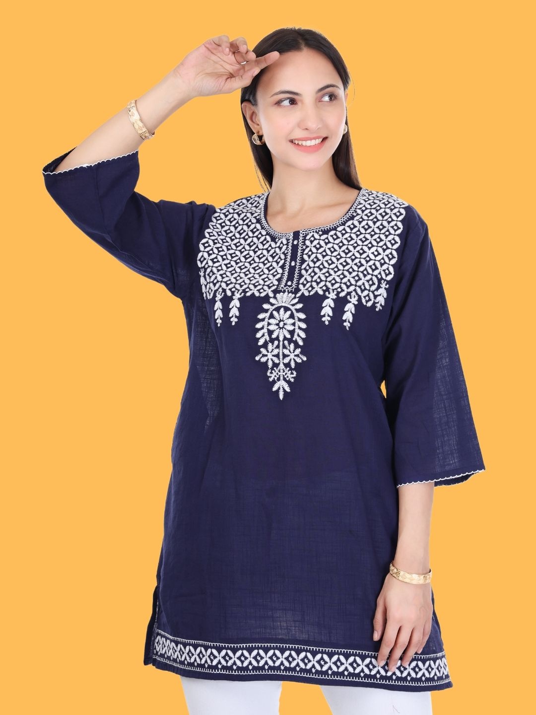 

Moda Rapido Floral Embroidered Thread Work Pure Cotton Thread Work Kurti, Navy blue