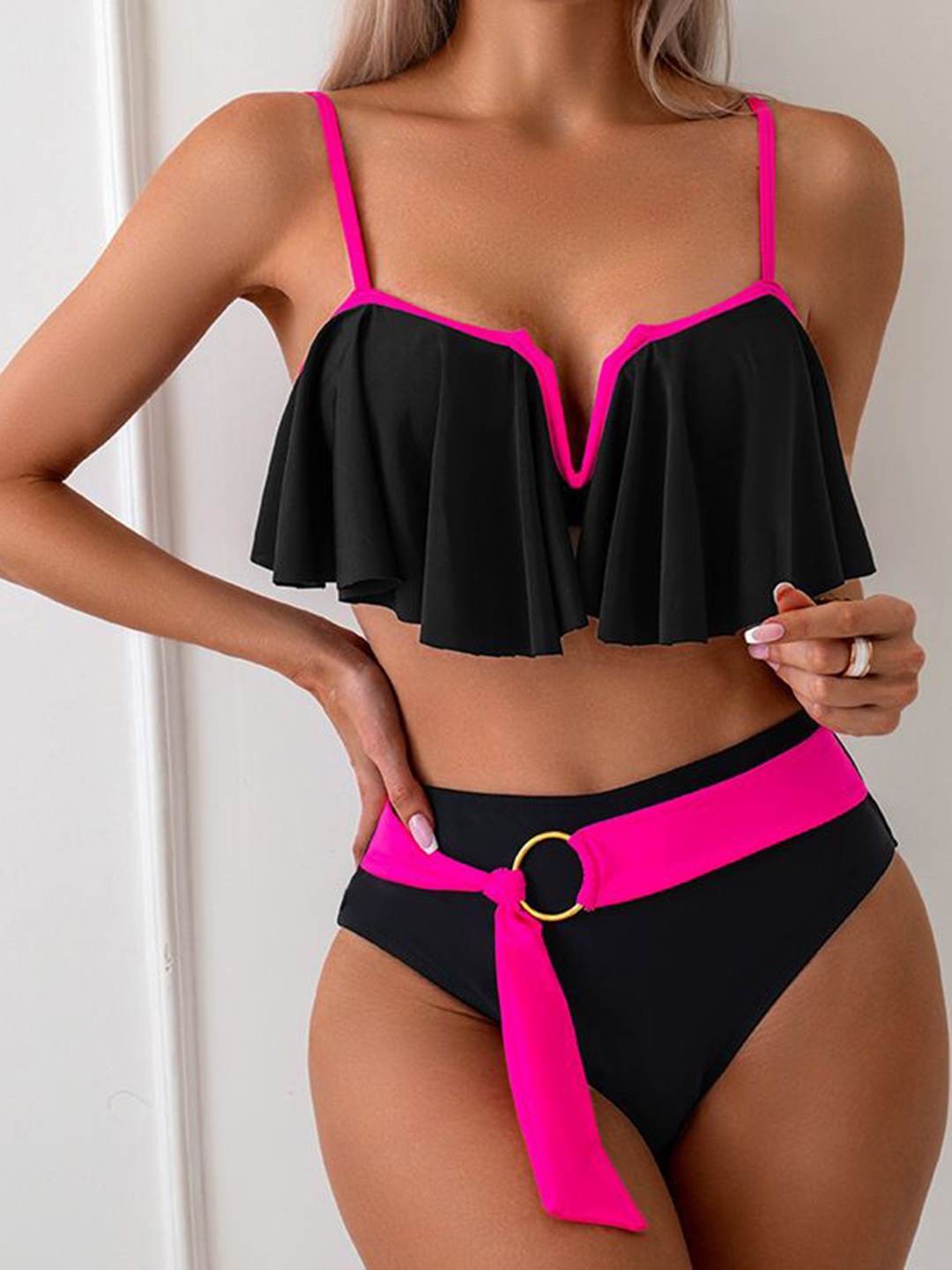 

Plus Curvves Women Shoulder Straps Swim Bikini Set, Black