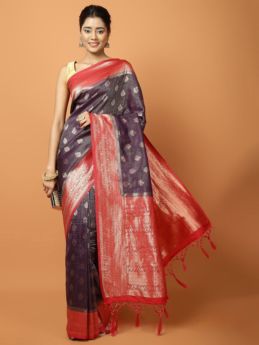 

Meena Bazaar Ethnic Motif Woven Design Zari Saree, Burgundy