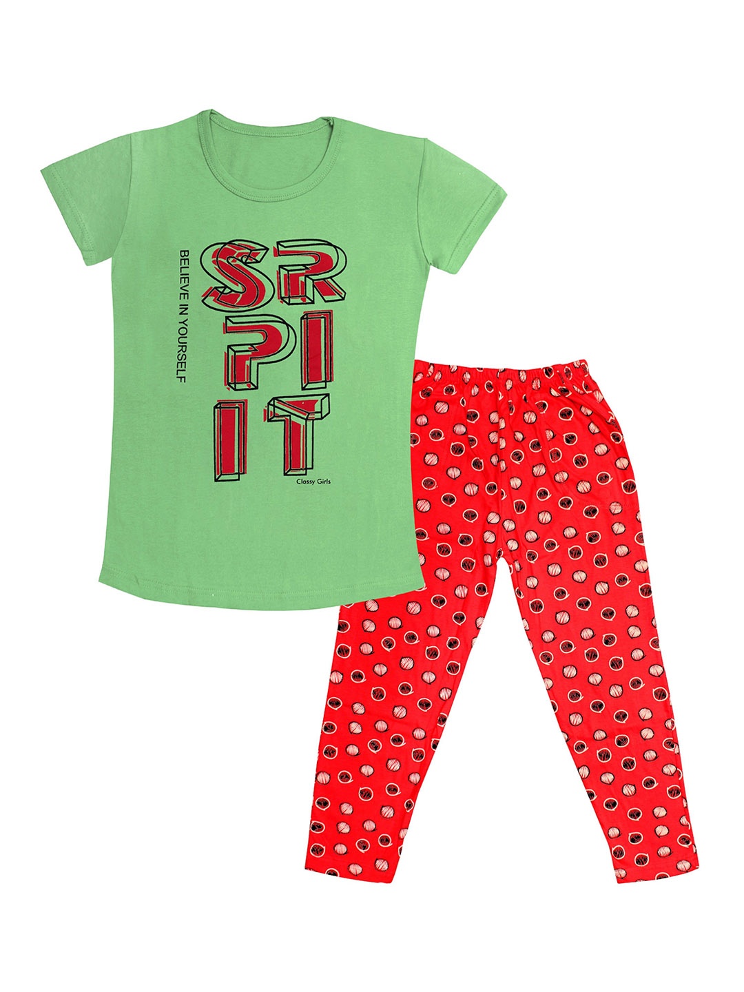 

Tee Weavers Girls Typography Printed Pure Cotton Night suit, Green