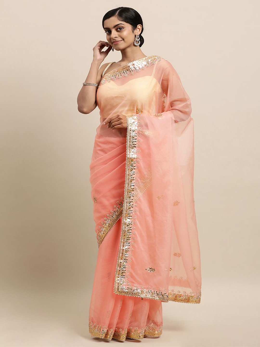 

Geroo Luxe Floral Gotta Patti Organza Saree, Peach