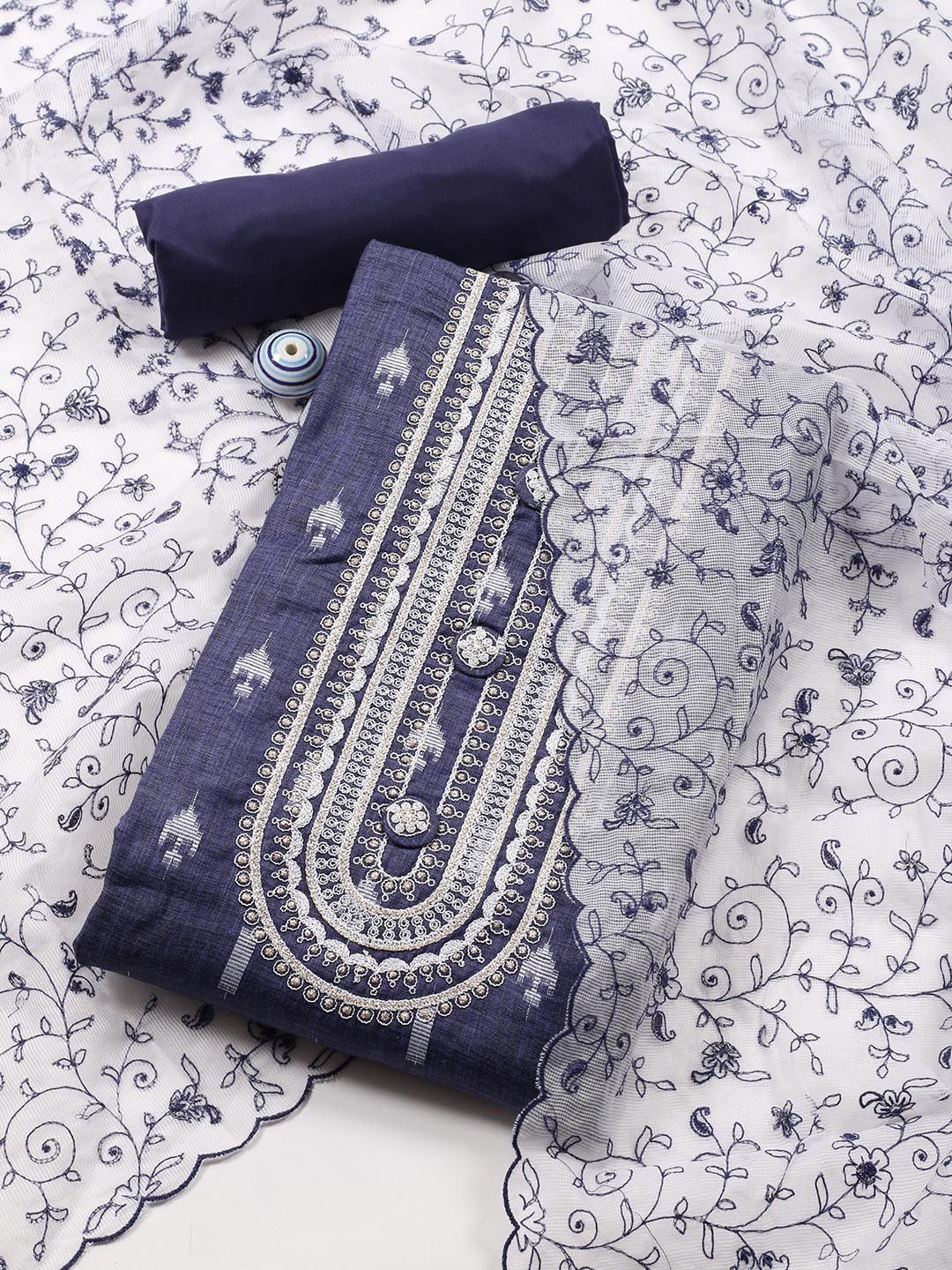 

Meena Bazaar Geometric Printed Thread Work Cotton Unstitched Dress Material, Blue