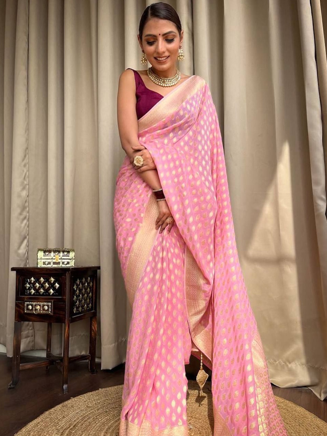 

bansari textiles Woven Design Zari Kanjeevaram Saree, Pink