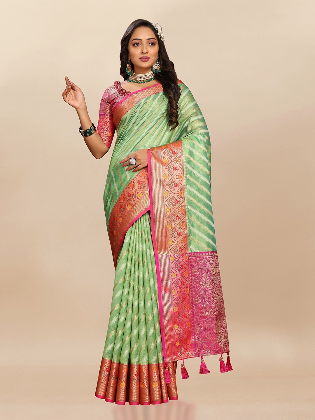 

bansari textiles Striped Printed Zari Banarasi Saree, Green