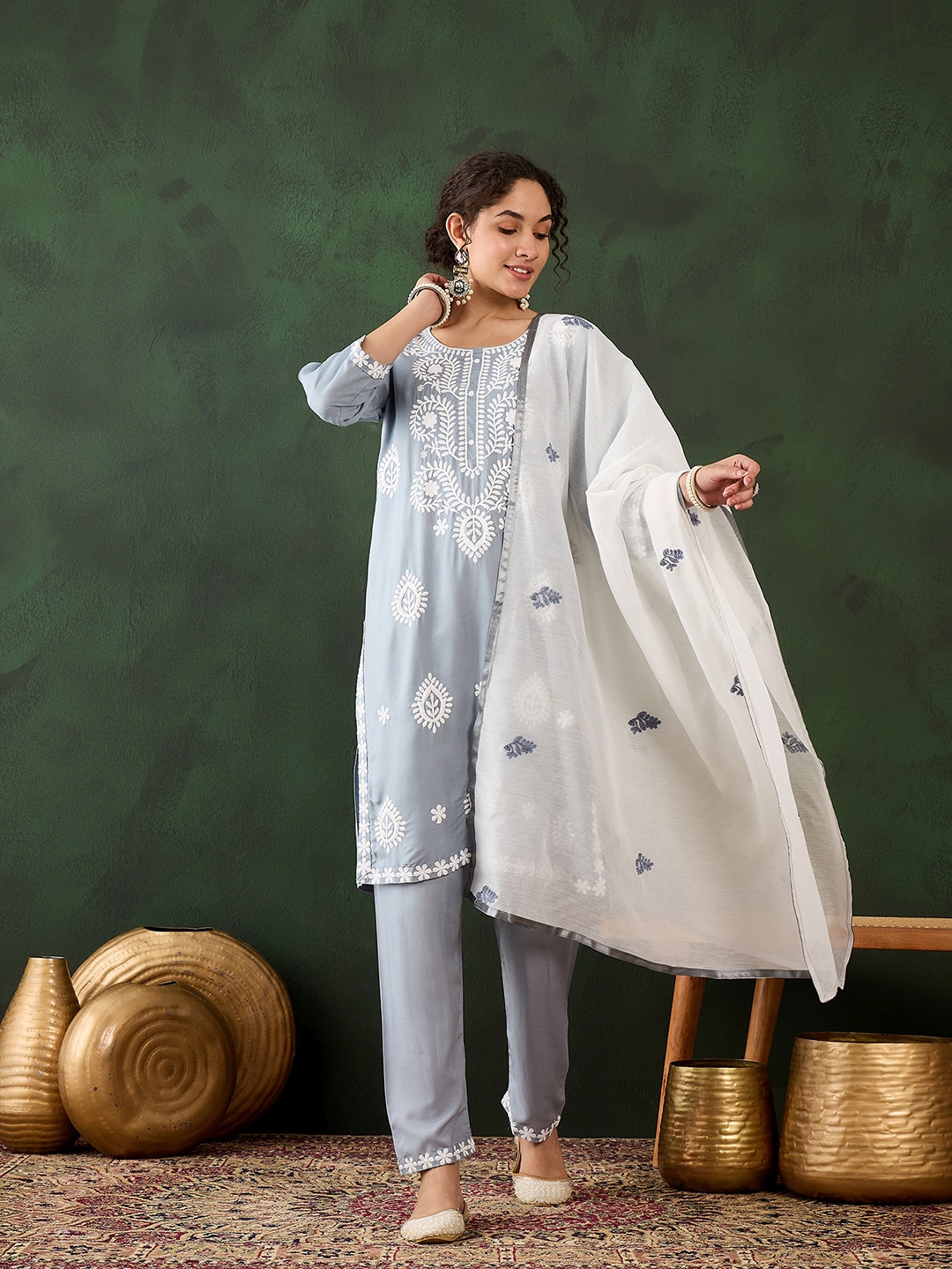 

Blissta Floral Embroidered Round Neck Chikankari Straight Kurta With Trousers & Dupatta, Grey