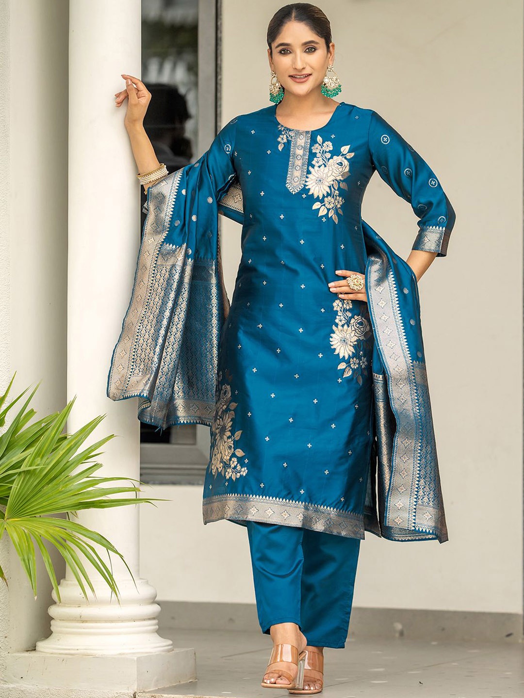 

KALINI Floral Woven Design Round Neck Straight Kurta With Trouser And Dupatta, Blue