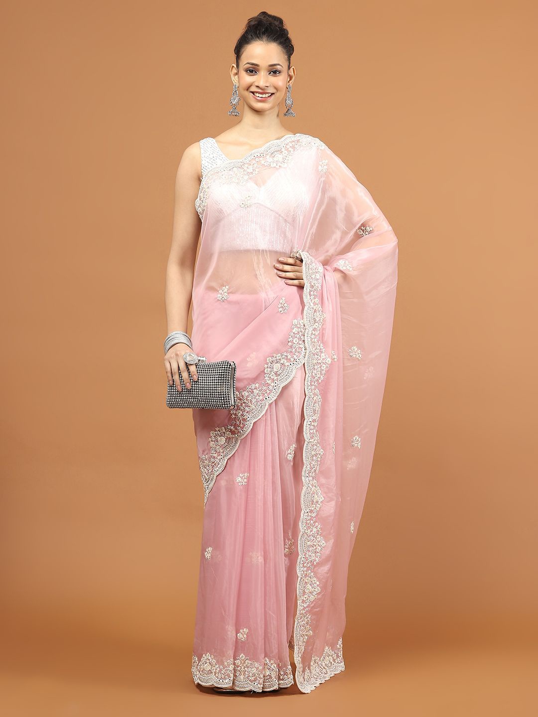 

Meena Bazaar Floral Embroidered Organza Saree, Pink