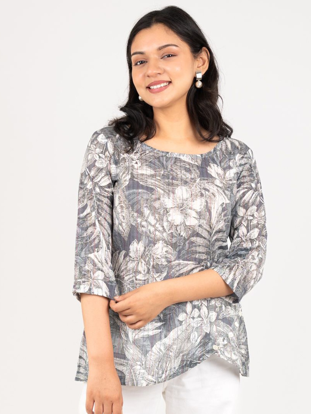 

MONOMEE Floral Print Ethnic Cotton Top, Grey