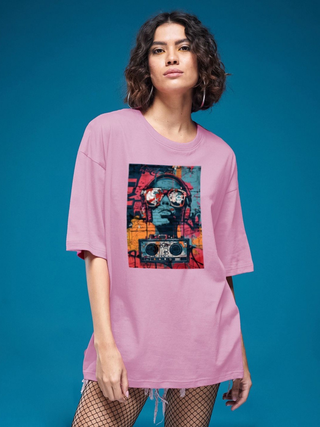 

SMARTEES Women Graphic Printed Round Neck Cotton Oversized T-shirt, Pink