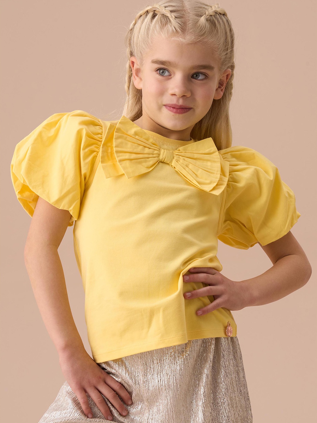 

Angel & Rocket Girls Half Sleeve Relaxed Eleri Bow Puff Sleeve Top, Yellow