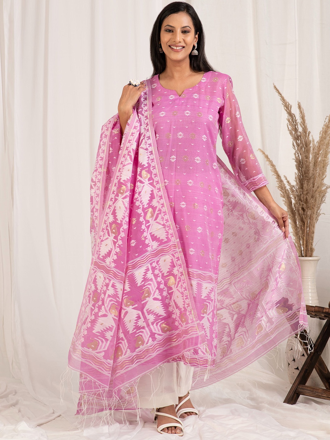 

Kasturi Creations Floral Woven Design Pure Cotton Kurta With Trousers And Dupatta, Pink