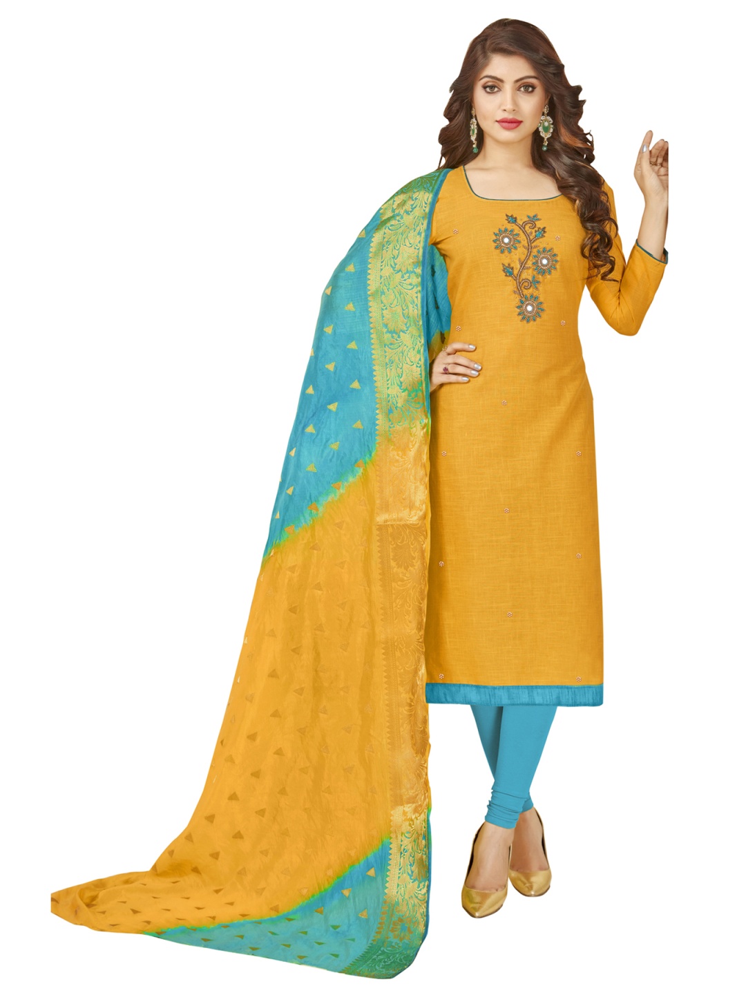 

HERE&NOW Floral Embroidered Mirror Work Unstitched Dress Material, Yellow