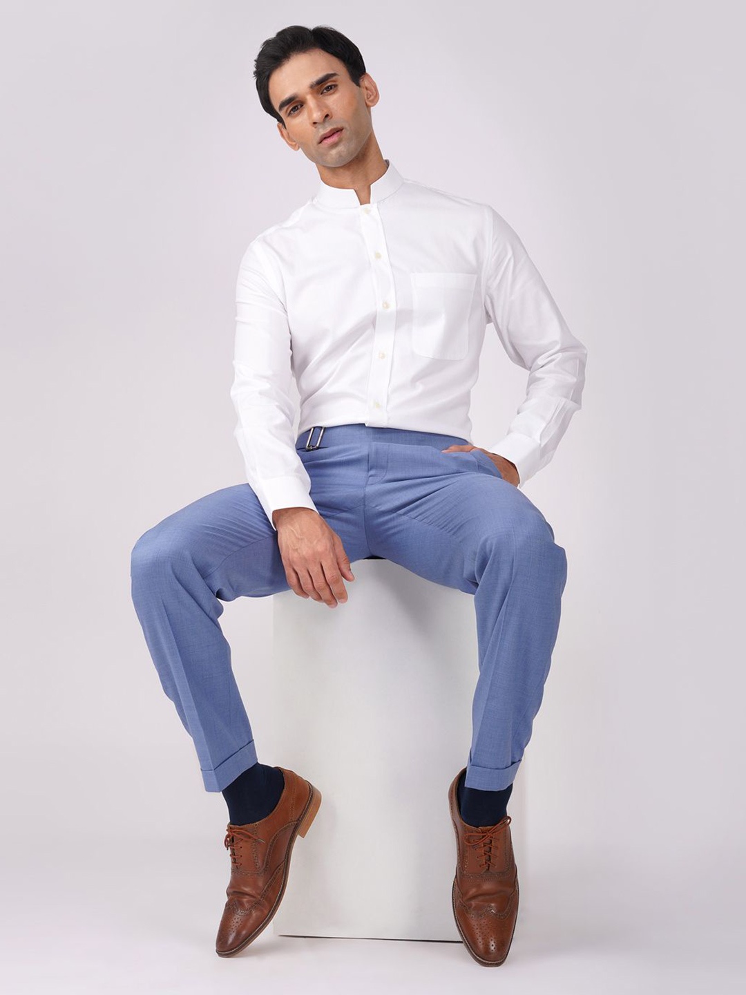 

FASHION FORMAL Men Classic Fit Band Collar Solid Cotton Formal Shirt, Off white