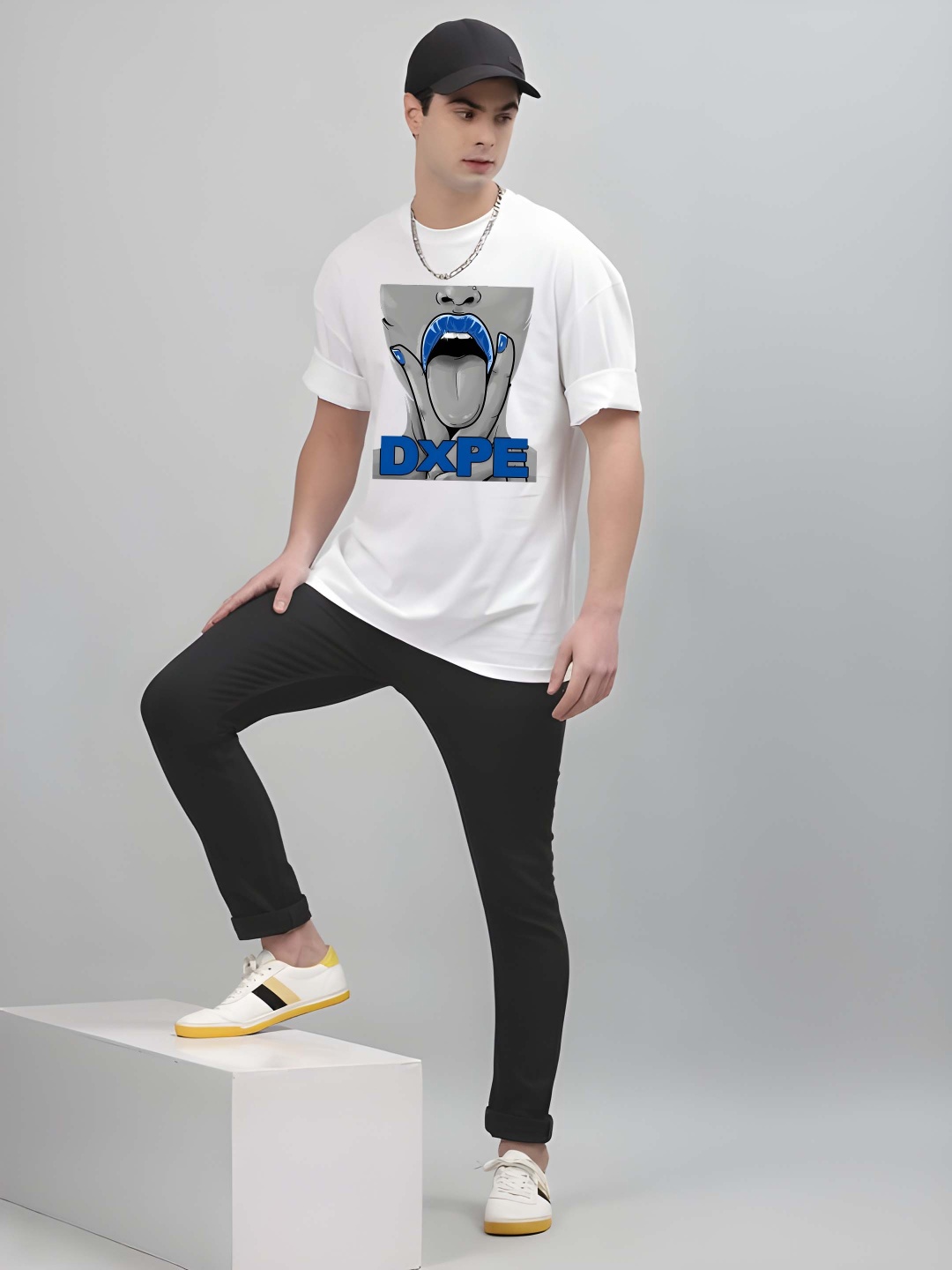 

Krimmple Men Graphic Printed Round Neck Cotton Oversized T-shirt, White