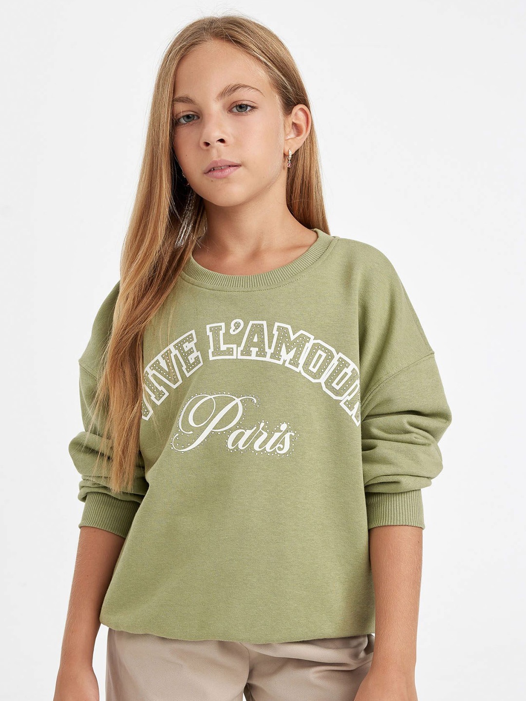 

DeFacto Girls Typography Printed Pure Cotton Pullover, Green