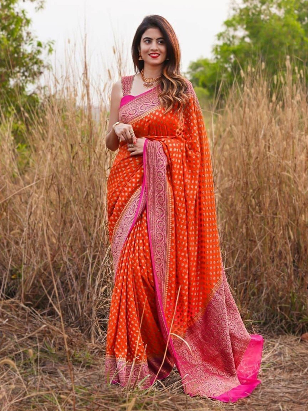 

bansari textiles Woven Design Zari Banarasi Saree, Orange
