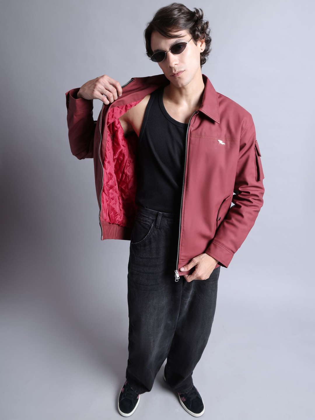 

TAG 7 Men Spread Collar Solid Casual Bomber Jacket, Maroon