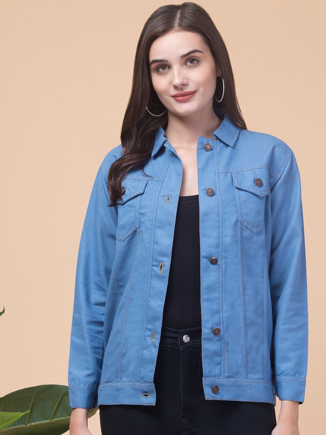

Funday Fashion Women Longline Denim Jacket with Embroidered, Blue