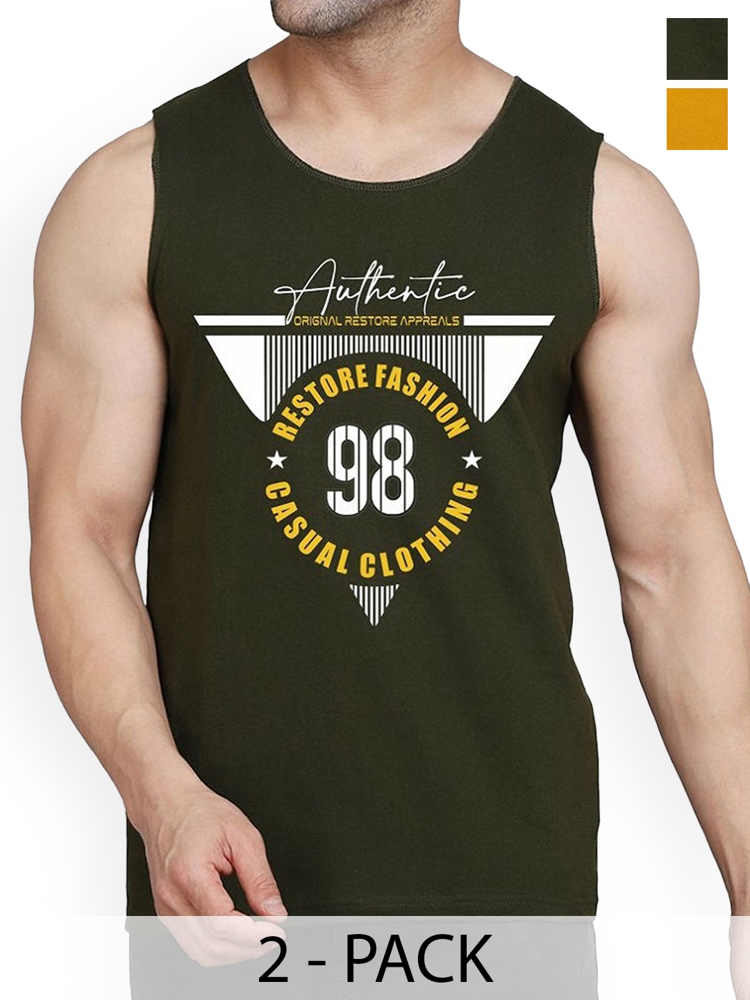 

WOOSTRO Pack Of 2 Printed Sleeveless Innerwear Vests, Olive