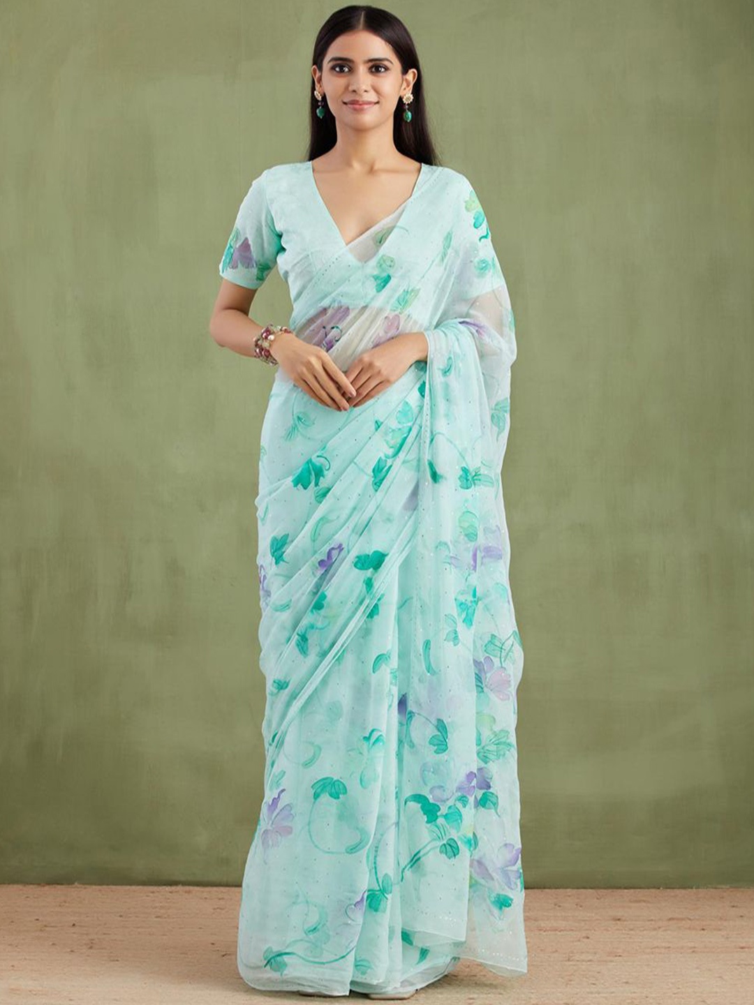 

Geroo Luxe Floral Printed Mukaish Work Pure Chiffon Saree, Sea green