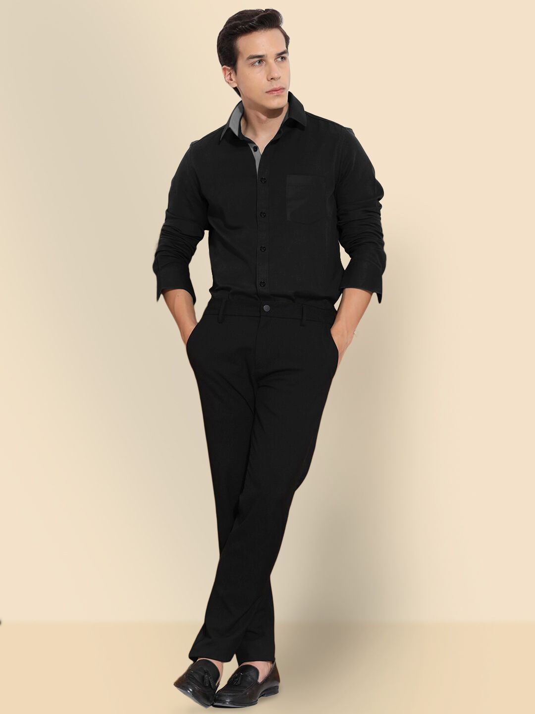 

SZN Men Standard Fit Spread Collar Solid Cotton Formal Shirt, Black