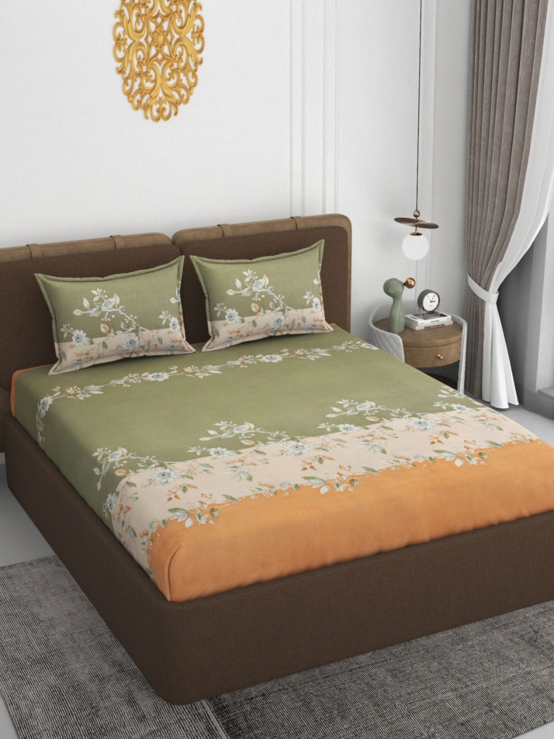 

VOMZER Green Floral Printed Cotton 210 TC Fitted King Bedsheet Set -1.98 m x 1.83 m