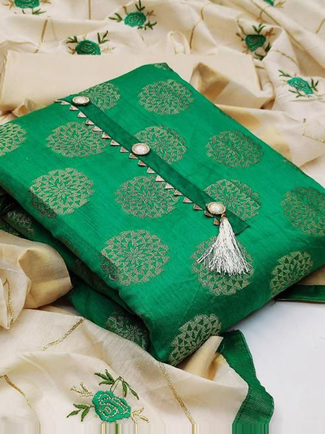 

KALINI Floral Woven Design Unstitched Dress Material, Green