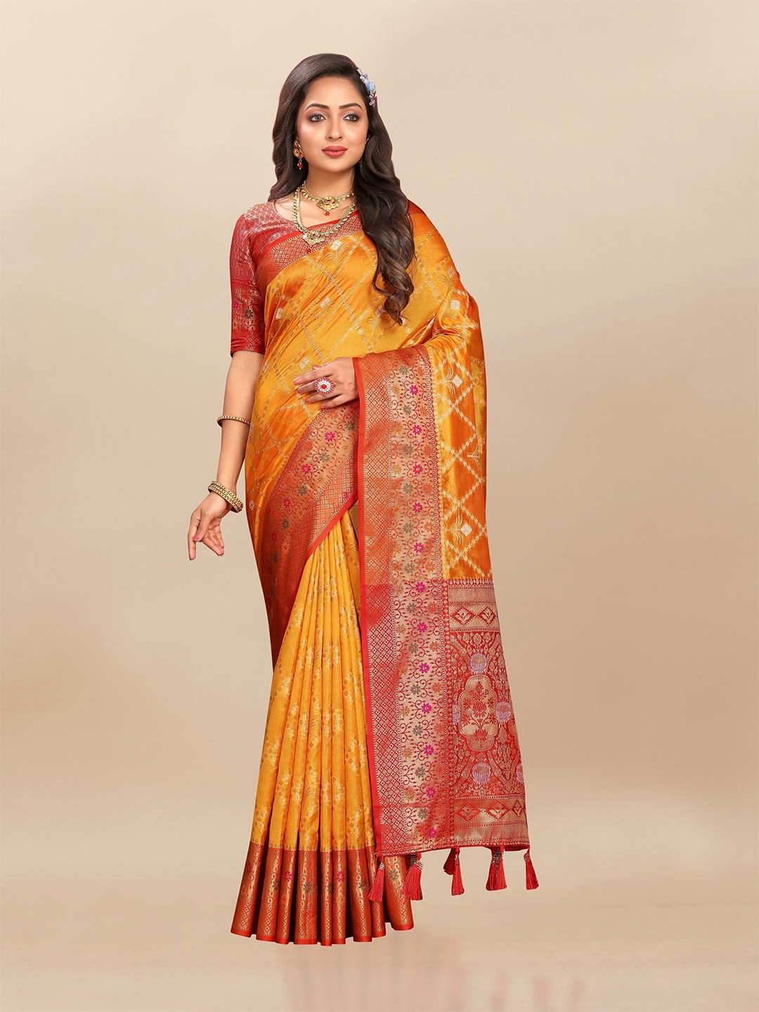 

bansari textiles Woven Design Zari Banarasi Saree, Yellow