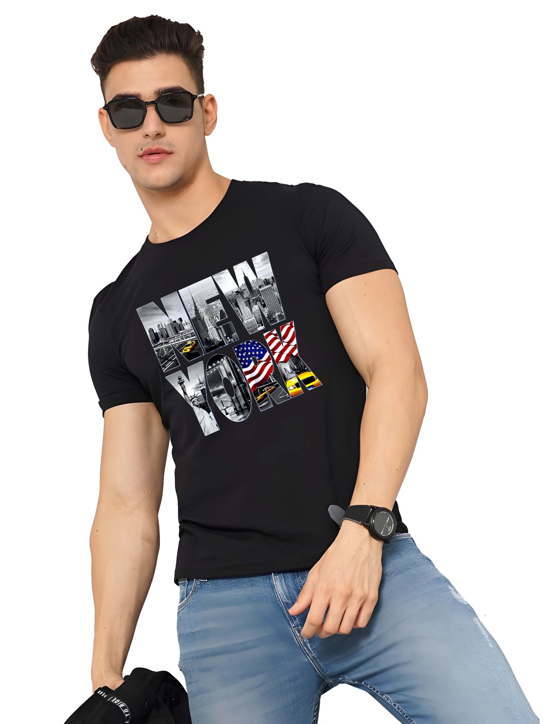 

Krimmple Men Graphic Printed Round Neck Cotton T-shirt, Black