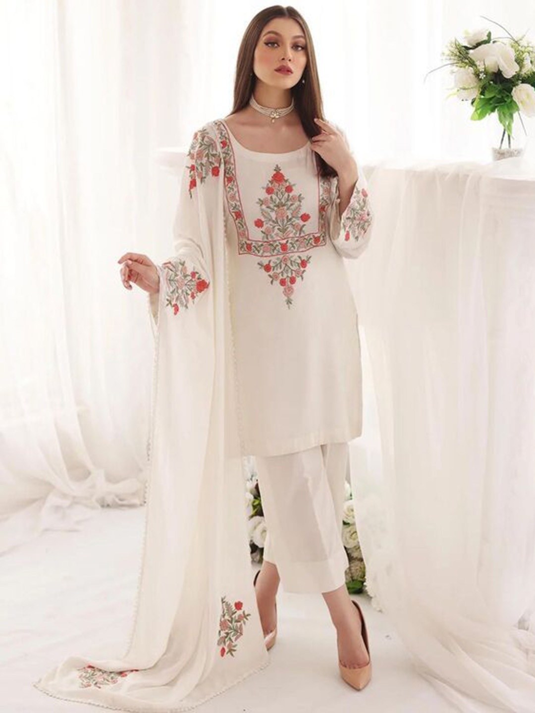 

KALINI Floral Yoke Design Round Neck Georgette Straight Kurta With Trousers And Dupatta, White