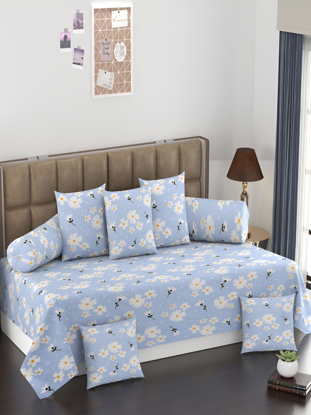 

Jizzby 8-Pcs Blue & White Printed Bed Sheet & 2 Booster With 5 Cushion