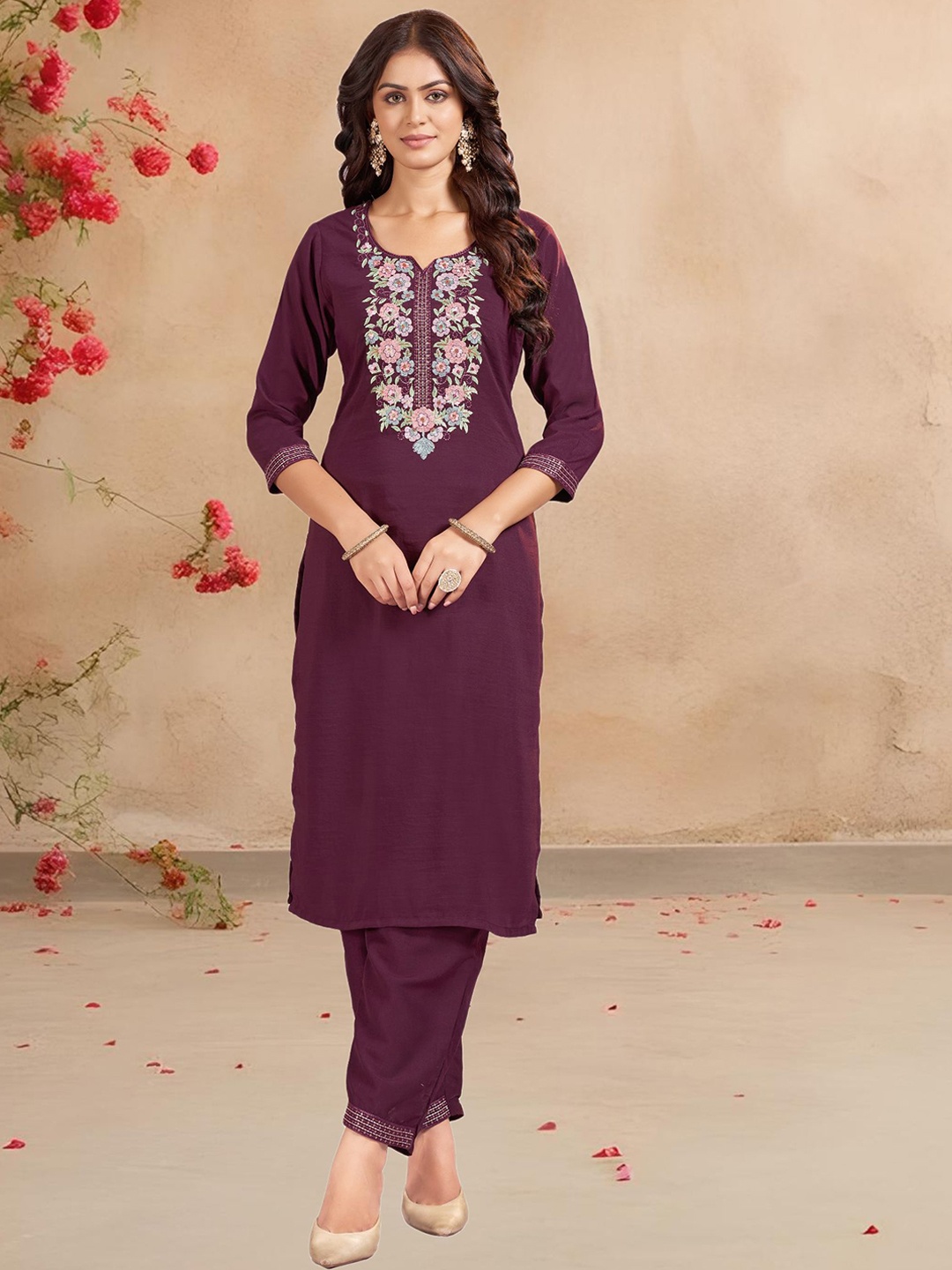 

Raave Women Floral Embroidered Regular Thread Work Kurta with Trousers, Purple