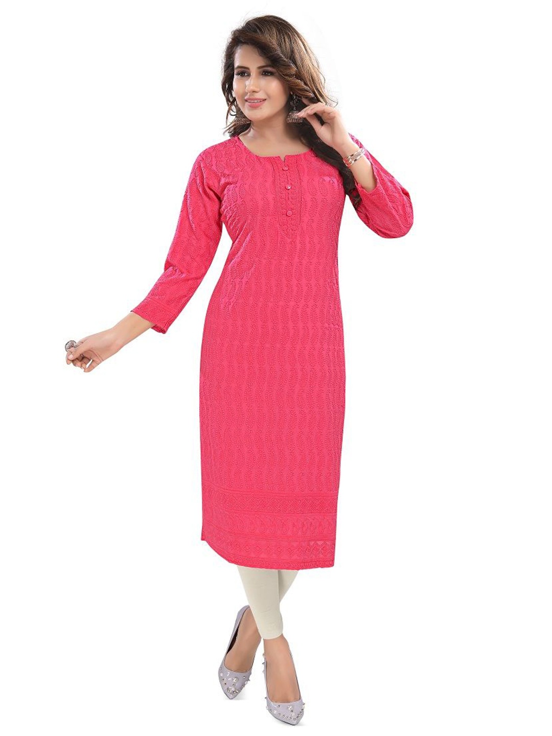 

DREAM & DZIRE Paisley Embroidered Cotton Chikankari Kurta, Pink
