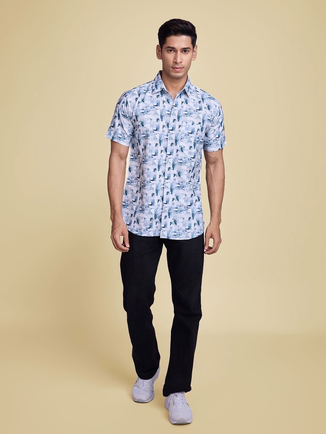 

SZN Men Standard Fit Spread Collar Abstract Printed Cotton Casual Shirt, White