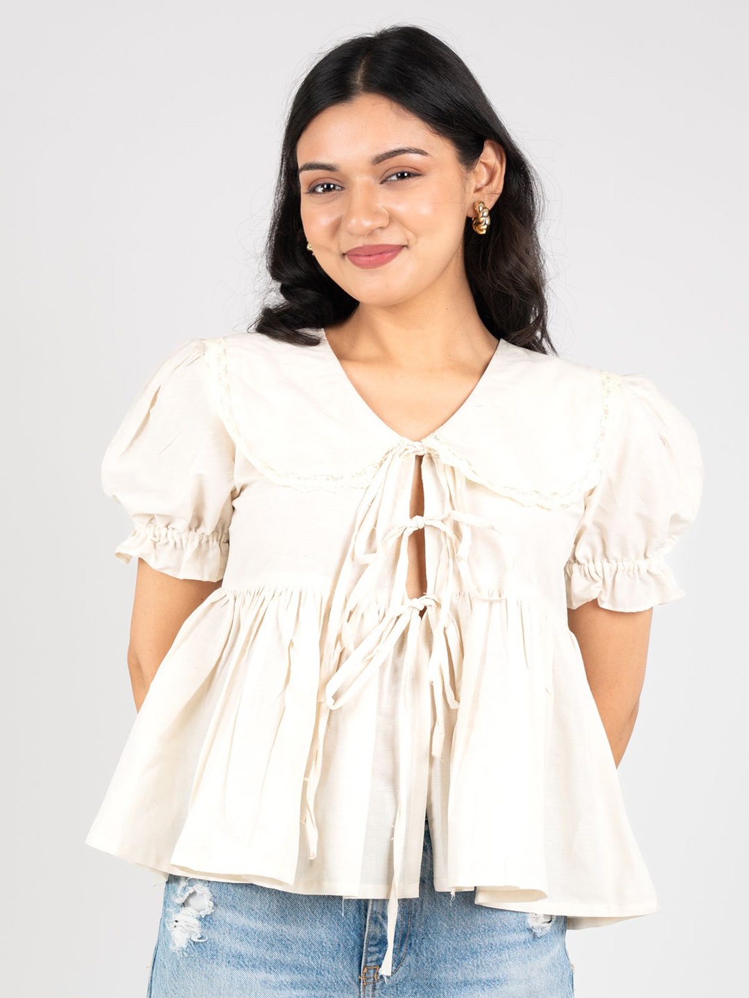 

MONOMEE Peter Pan Collar Puff Sleeve Bohemian Cotton Blouson Top, Off white