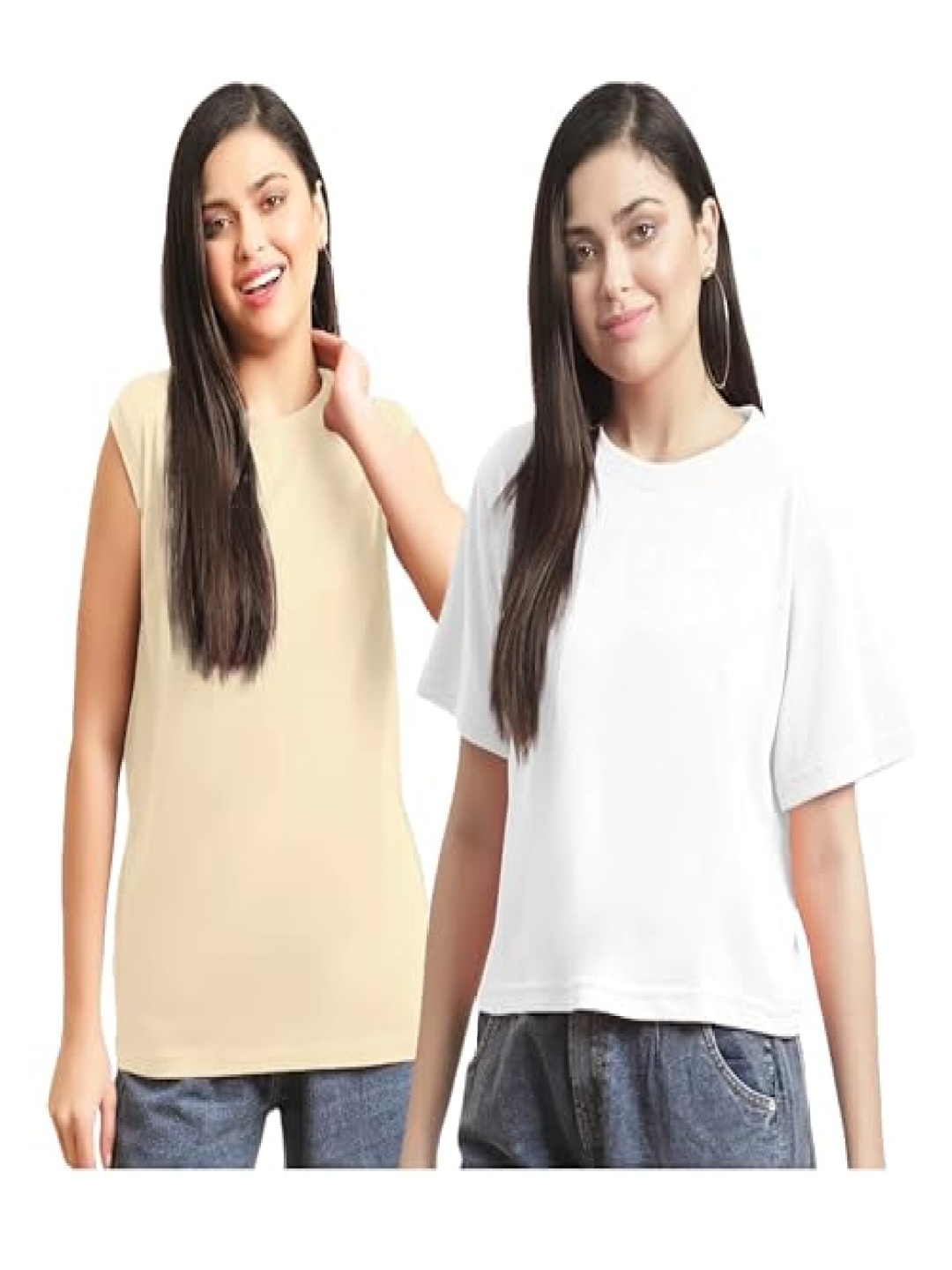 

NOTWILD Women Pack Of 2 Solid Round Neck Cotton T-shirts, Beige