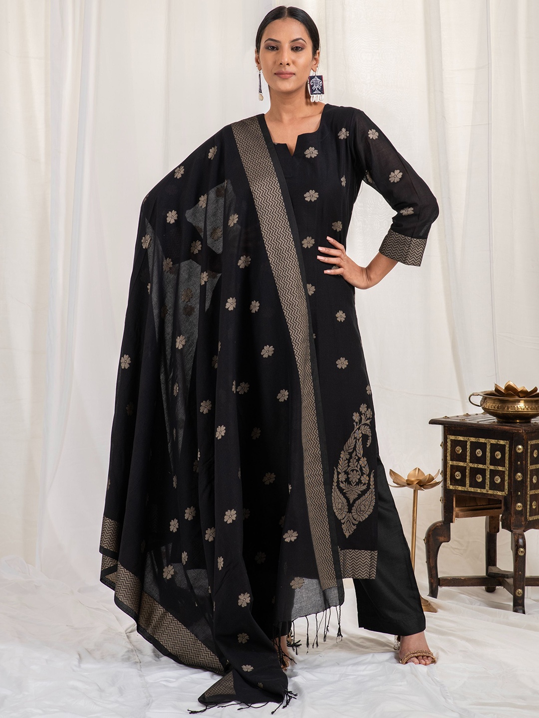 

Kasturi Creations Woven Design Notch Neck Pure Cotton Kurta With Trousers And Dupatta, Black